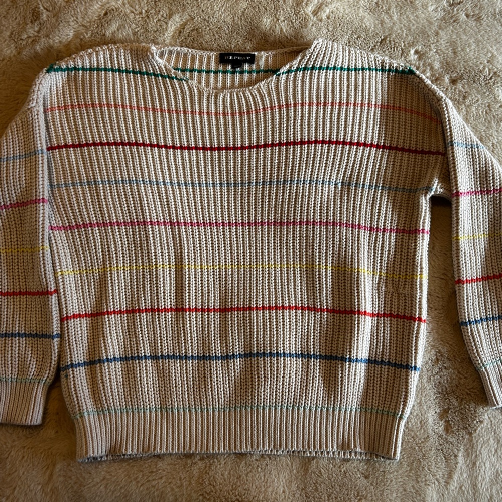 Repeat Women's Striped Crewneck Sweater - Cream, Red, Green - Picture 2 of 3